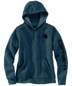 'Carhartt' Women's Clarksburg Logo Sleeve Graphic Hoodie - Night Blue Heather