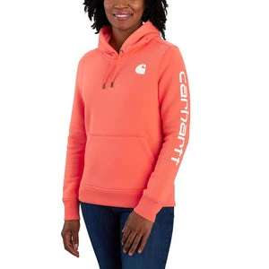 'Carhartt' Women's Clarksburg Logo Sleeve Graphic Hoodie - Electric Coral 3 'Carhartt' Women's Clarksburg Logo Sleeve Graphic Hoodie - Electric Coral