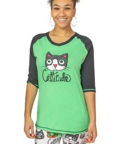 'Lazy One' Women's Cattitude Tall Tee - Green / Grey
