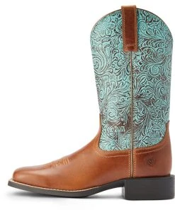 'Ariat' Women's 11" Round Up Western Square Toe - Beduino Brown / Turquoise Floral Emboss